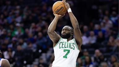 Boston Celtics guard Jaylen Brown (7) shoots the ball against the Philadelphia 76ers during the second quarter at Wells Fargo Center.