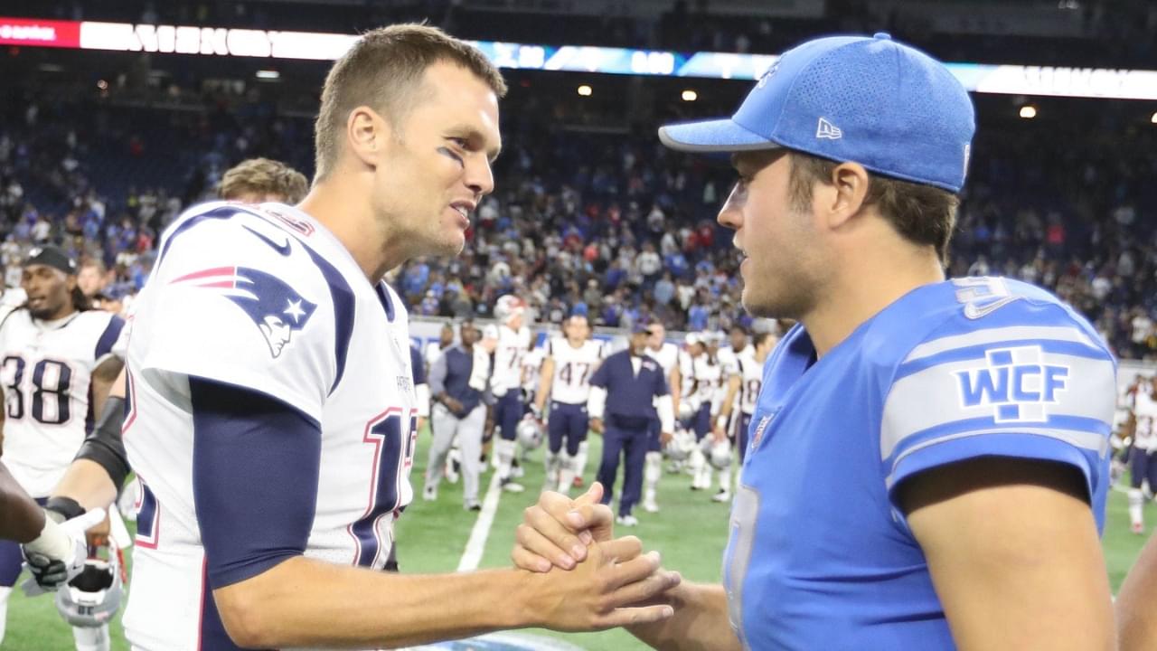 Matthew Stafford, then with the Detroit Lions and Tom Brady, then with the New England Patriots, shake hands after a 2017 game in Detroit.