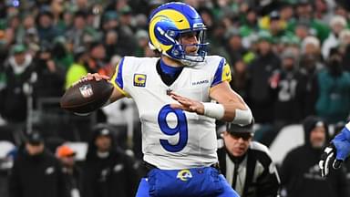 Jan 19, 2025; Philadelphia, Pennsylvania, USA; Los Angeles Rams quarterback Matthew Stafford (9) throws the ball against the Philadelphia Eagles during the first half in a 2025 NFC divisional round game at Lincoln Financial Field.