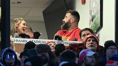 Jason Kelce (right) and Kylie Kelce (left) watch the game from the suites in the first half of the 2024 AFC divisional round game between the Buffalo Bills and the Kansas City Chiefs at Highmark Stadium.