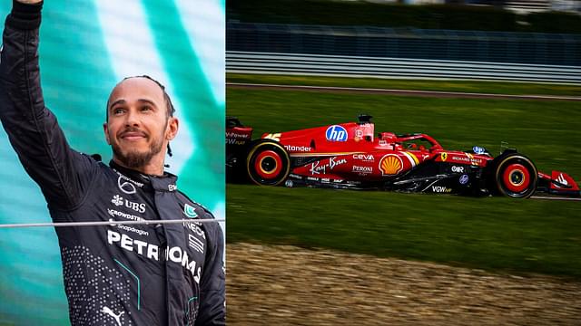 Lewis Hamilton (L) and Ferrari's F1 car at Fiorano (R)