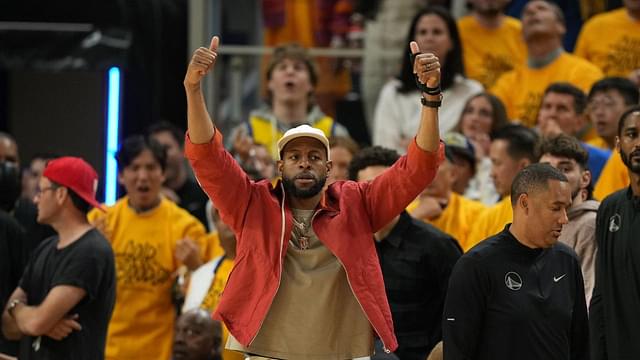 Golden State Warriors forward Andre Iguodala (center) gestures during the fourth quarter of game four of the 2023 NBA playoffs against the Sacramento Kings at Chase Center