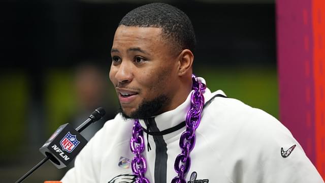 Feb 3, 2025; New Orleans, LA, USA; Philadelphia Eagles running back Saquon Barkley speaks during Super Bowl LIX Opening Night at Ceasars Superdome.