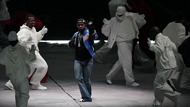 Feb 9, 2025; New Orleans, LA, USA; Recording artist Kendrick Lamar performs during the halftime show of Super Bowl LIX between the Philadelphia Eagles and the Kansas City Chiefs at Ceasars Superdome. Mandatory Credit: Kirby Lee-Imagn Images