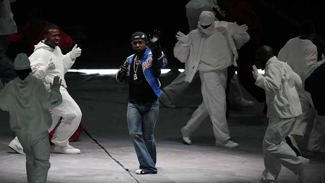 Feb 9, 2025; New Orleans, LA, USA; Recording artist Kendrick Lamar performs during the halftime show of Super Bowl LIX between the Philadelphia Eagles and the Kansas City Chiefs at Ceasars Superdome. Mandatory Credit: Kirby Lee-Imagn Images