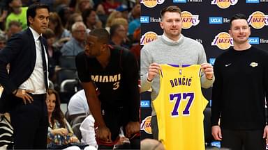 Erik Spoelstra and Dwyane Wade (L) and Luka Doncic with JJ Redick (R)