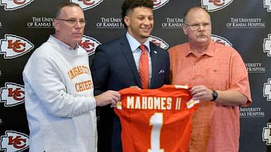 Kansas City Chiefs number 10 pick Patrick Mahomes II (middle), general manager John Dorsey (left) and head coach Andy Reid (right) pose for a photo during the press conference at Stram Theatre.