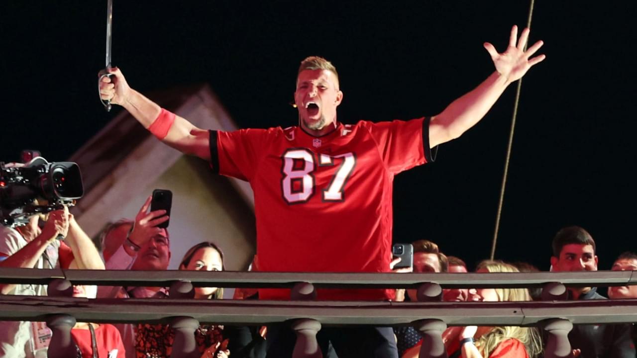 Oct 21, 2024; Tampa, Florida, USA; Former Tampa Bay Buccaneers tight end Rob Gronkowski (87) gets pumped up against the Baltimore Ravens during the first quarter at Raymond James Stadium.