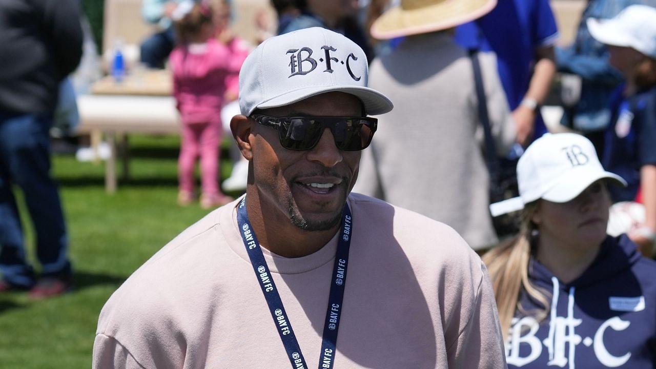 Golden State Warriors former player Andre Iguodala talks to fans during the Bay FC Day for the Bay event at Presidio Main Post Lawn