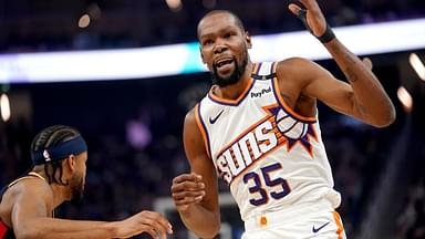 Phoenix Suns forward Kevin Durant (35) reacts after having his jersey pulled during action against the Golden State Warriors in the first quarter at the Chase Center.