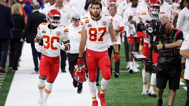 Kansas City Chiefs tight end Travis Kelce (87) walks off the field at the end of the first half of Super Bowl LIX at Caesars Superdome.