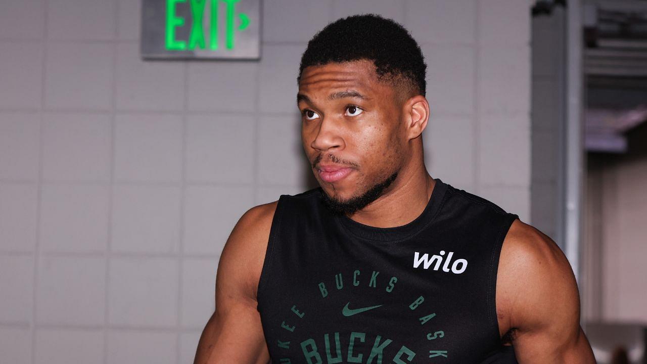 Milwaukee Bucks forward Giannis Antetokounmpo (34) prepares for a game against the Atlanta Hawks at State Farm Arena.