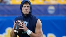 North Carolina Tar Heels quarterback Drake Maye (10) warms up before the game against the Pittsburgh Panthers at Acrisure Stadium.