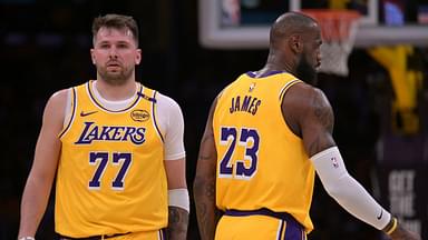 Los Angeles Lakers guard Luka Doncic (77) and forward LeBron James (23) on the court in the first half against the Utah Jazz at Crypto.com Arena