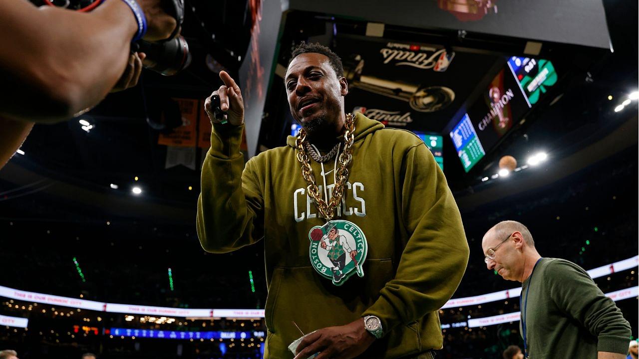 Boston Celtics former player Paul Pierce looks into a video camera on the court before game two of the 2024 NBA Finals between the Boston Celtics and the Dallas Mavericks at TD Garden.