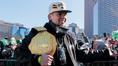 Feb 14, 2025; Philadelphia, PA, USA; Philadelphia Eagles cornerback Cooper DeJean (33) celebrates during the Super Bowl LIX championship parade and rally.