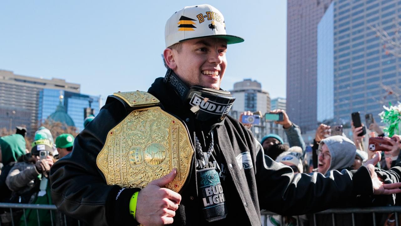 Feb 14, 2025; Philadelphia, PA, USA; Philadelphia Eagles cornerback Cooper DeJean (33) celebrates during the Super Bowl LIX championship parade and rally.