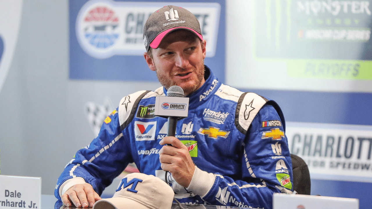 Monster Energy NASCAR Cup Series driver Dale Earnhardt Jr. (88) answers questions after practice for the Bank of American 500 at Charlotte Motor Speedway.