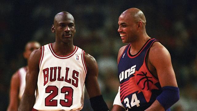 Bulls guard Michael Jordan and Suns forward Charles Barkley face off in the 1993 NBA Finals.