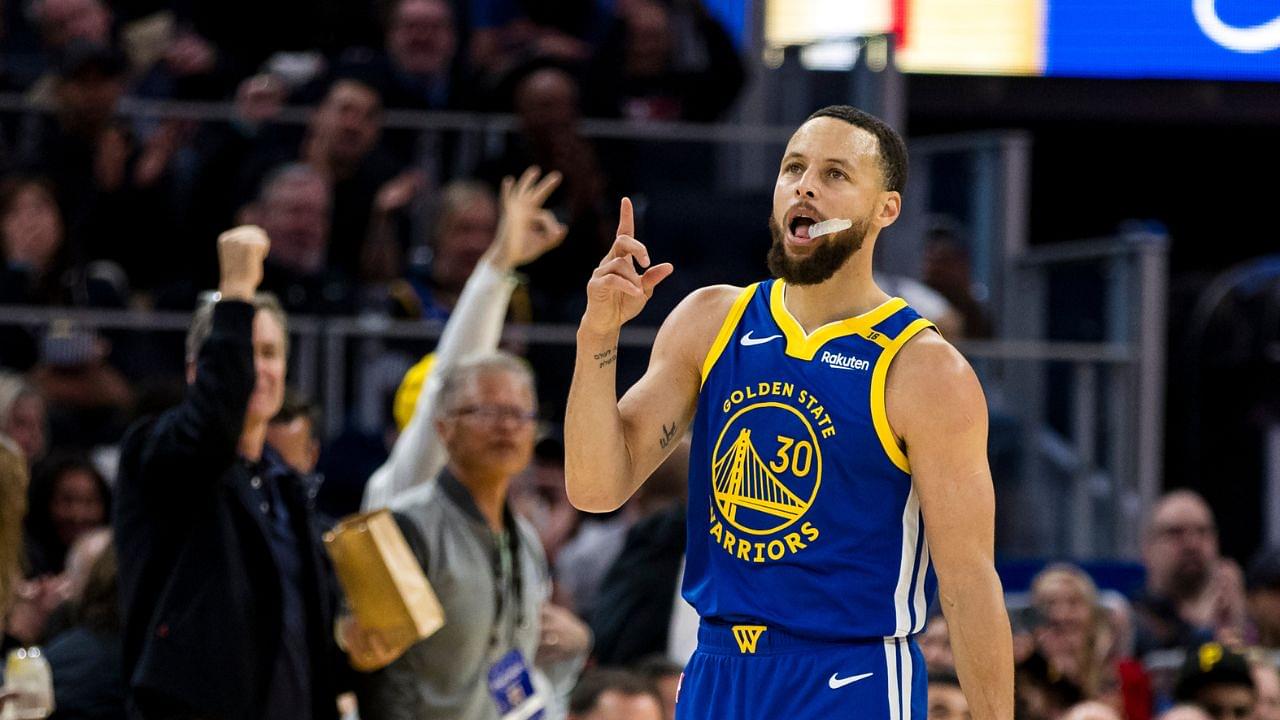 Golden State Warriors guard Stephen Curry (30) reacts after hitting a three-point shot against the Portland Trail Blazers during the third quarter at Chase Center.