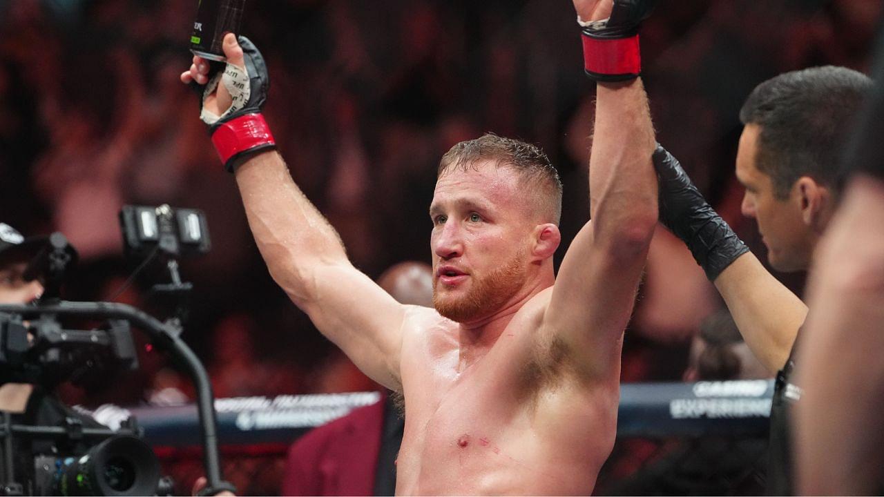 Justin Gaethje (red gloves) reacts after fighting Rafael Fiziev (not pictured) during UFC 313 at T-Mobile Arena.