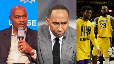 Tim Hardaway Sr. (L), Stephen A. Smith (C), LeBron James and Bronny James (R)