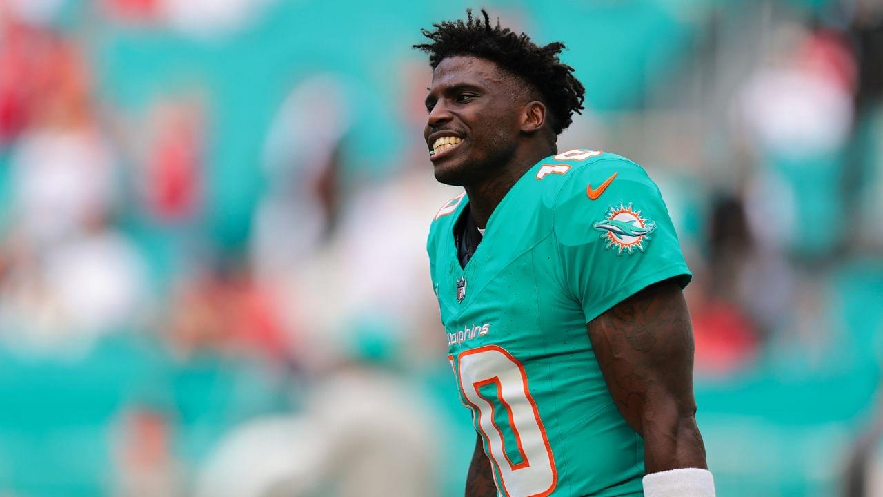 Miami Dolphins wide receiver Tyreek Hill (10) reacts on the field before the game against the San Francisco 49ers at Hard Rock Stadium. Mandatory Credit: Sam