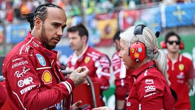 Lewis Hamilton of Great Britain and Scuderia Ferrari talks with his physio Angela Cullen during the Sprint ahead of the F1 Grand Prix of China at Shanghai International Circuit in Shanghai, China, on March 22, 2025