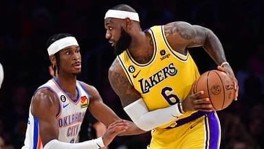 Oklahoma City Thunder guard Shai Gilgeous-Alexander (2) defends against Los Angeles Lakers forward LeBron James (6) in the second quarter at Crypto.com Arena