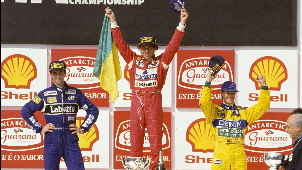 WINNER AYRTON SENNA ON MCLAREN FORD SECOND DAMON HILL ON WILLIAMS RENAULT AND THIRD MICHAEL SCHUMACHER ON BENETTON FORD