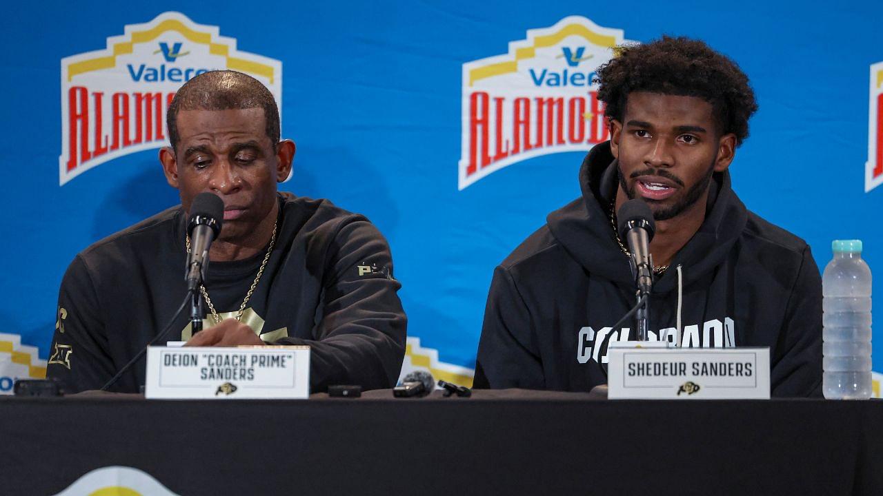 Colorado Buffaloes head coach Deion Sanders and quarterback Shedeur Sanders (2) talk with the media after the game against the Brigham Young Cougars at Alamodome.