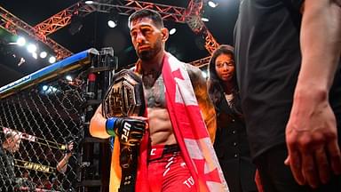 Ilia Topuria celebrates his championship victory against Alexander Volkanovski during UFC 298 at Honda Center.