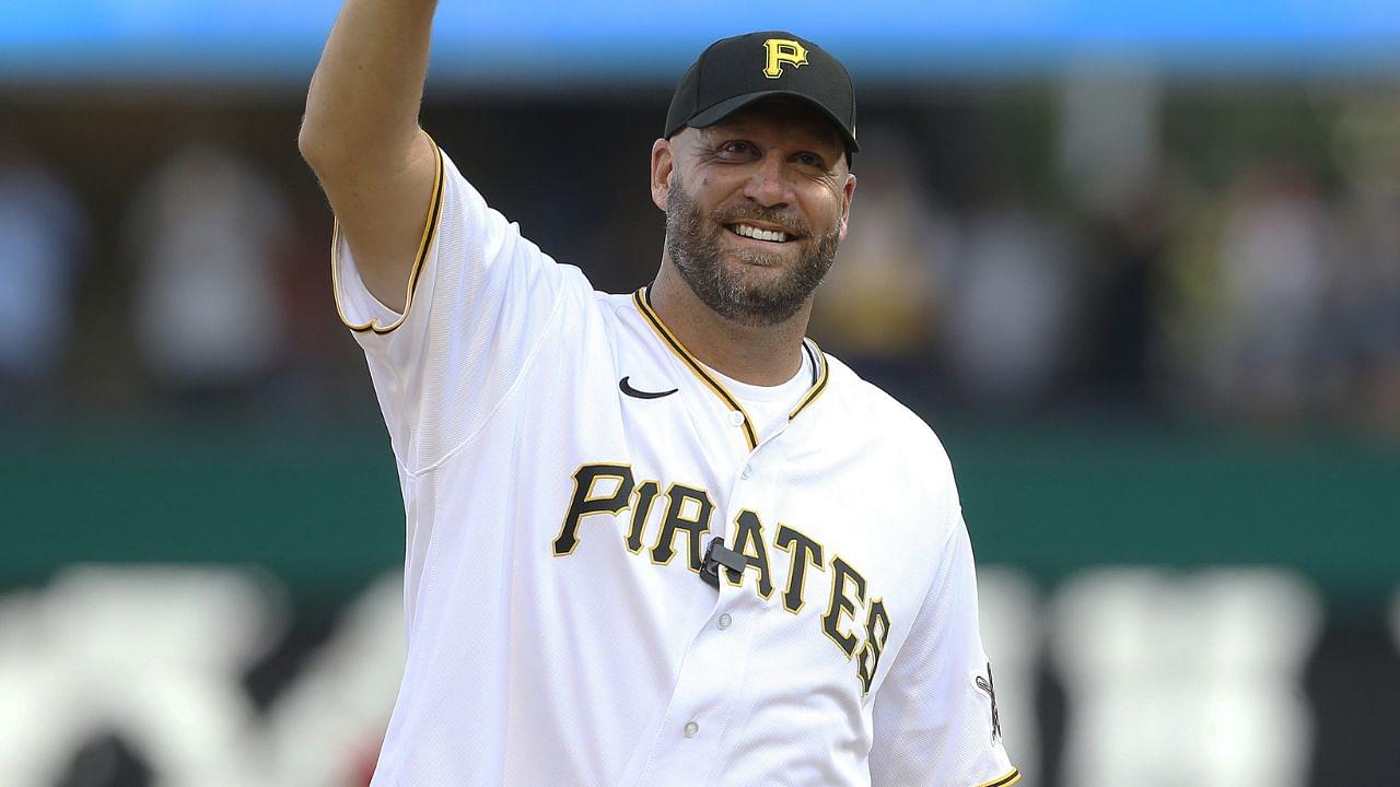 Pittsburgh Steelers former quarterback Ben Roethlisberger waves to the crowd before throwing a ceremonial first pitch prior to the Pittsburgh Pirates hosting the Philadelphia Phillies at PNC Park.