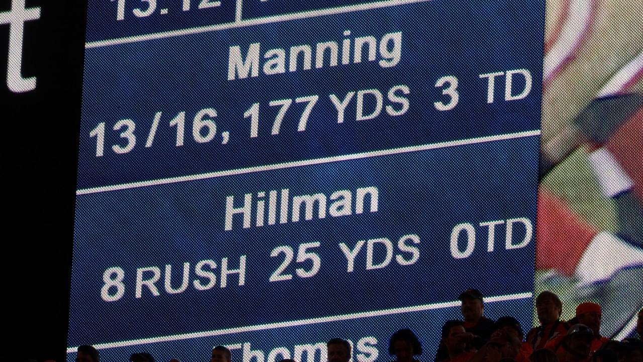 Oct 19, 2014; Denver, CO, USA; General view of the score board showing Denver Broncos quarterback Peyton Manning (18) (not pictured) stats following his record breaking touchdown in the second quarter against the San Francisco 49ers at Sports Authority Field at Mile High.