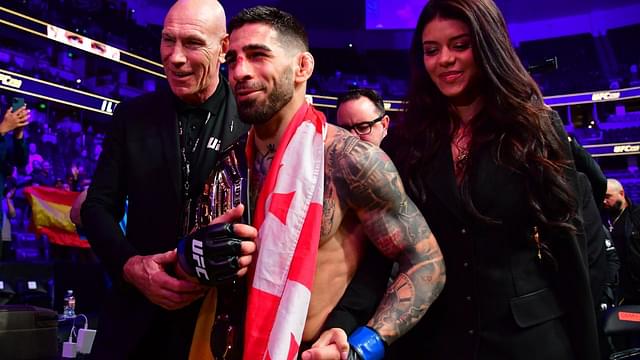 Ilia Topuria celebrates his championship victory against Alexander Volkanovski during UFC 298 at Honda Center.