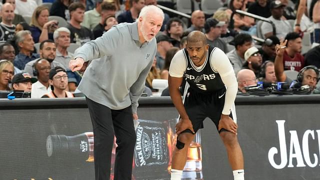 Oct 28, 2024; San Antonio, Texas, USA; San Antonio Spurs head coach Gregg Popovich talks with guard Chris Paul (3) during the second half against the Houston Rockets at Frost Bank Center. Mandatory Credit: Scott Wachter-Imagn Images