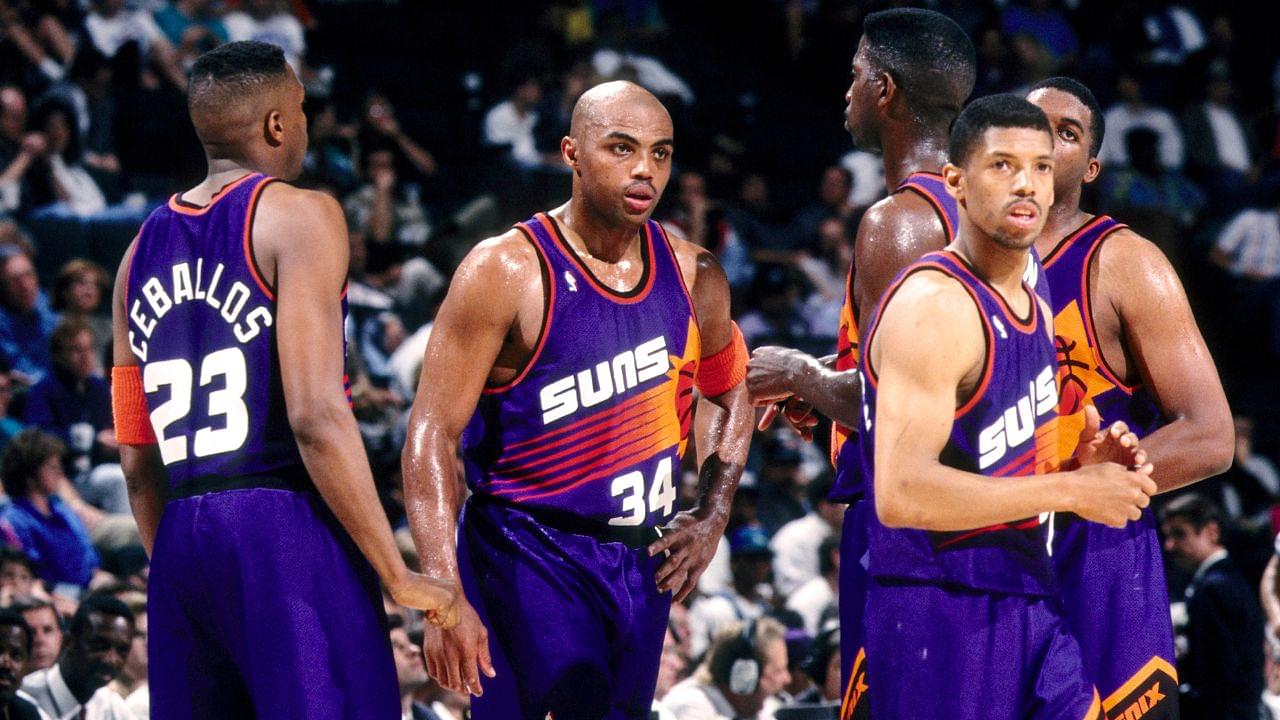 FILE PHOTO; Phoenix Suns forward Charles Barkley (34), Cedric Ceballos (23), Kevin Johnson (7), Oliver Miller and A.C. Green wait during a time-out against the Dallas Mavericks at Reunion Arena during the 1993-94 season.