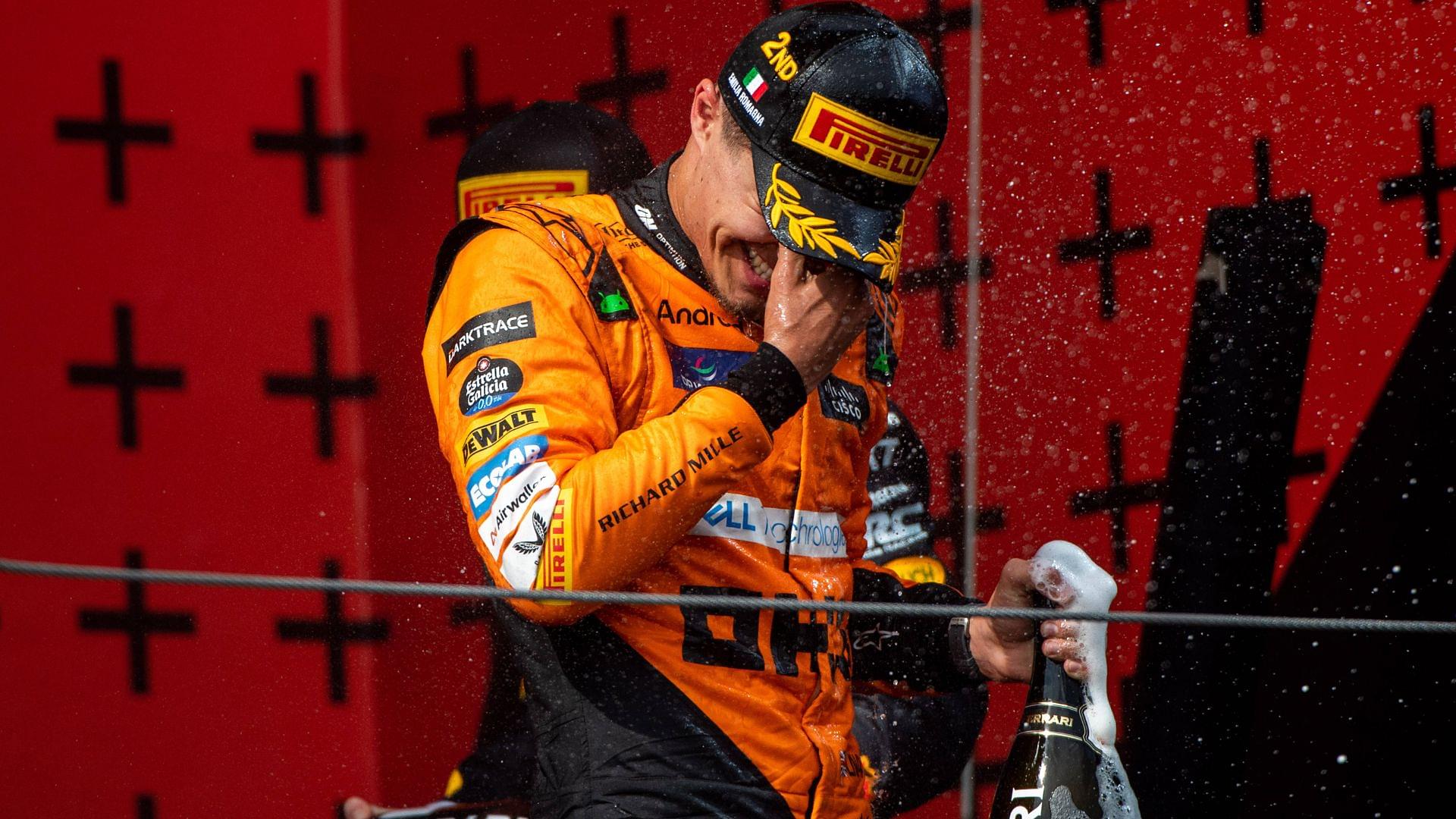 Lando Norris McLaren Formula 1 Team, 04 splashing champagne on the podium at the podium ceremony, ITA, Formula 1 World Championship, Grand Prix Emilia Romagna Imola