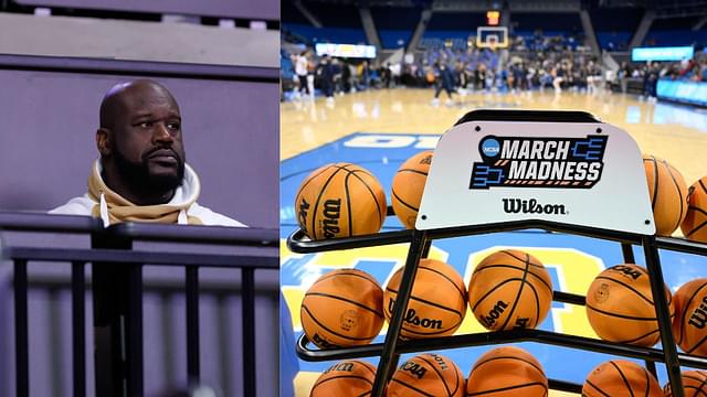 Shaquille O'Neal (L), A rack of basketballs used for March Madness (R)