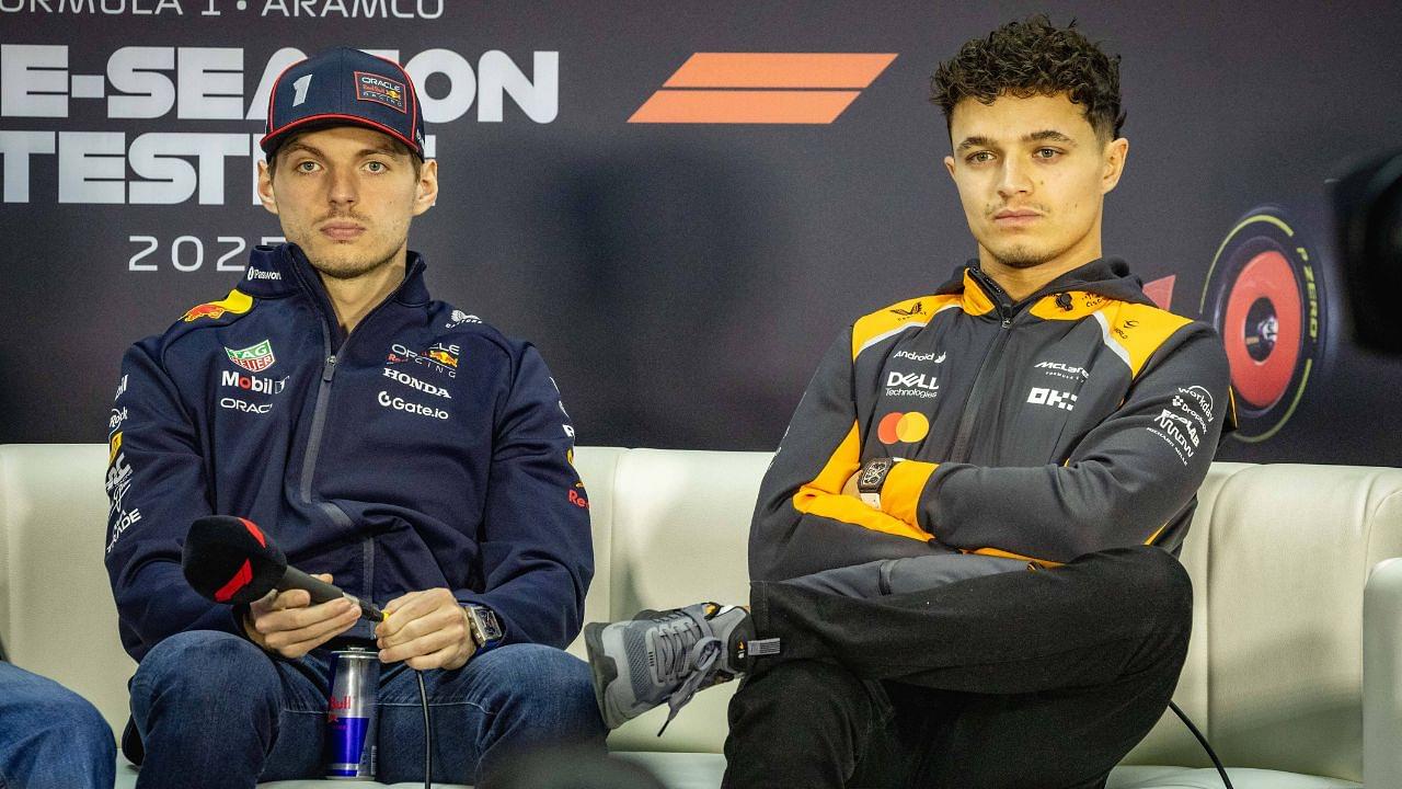 Max Verstappen NED, Oracle Red Bull Racing 1 left Lando Norris UK, McLaren Formula 1 Team 4 BHR, Formula 1 World Championship, Formula 1 Testing, Bahrain international Circuit, 27 02 2025 BHR, Formula 1 World Championship, Formula 1 Testing, Bahrain international Circuit, 27 02 2025