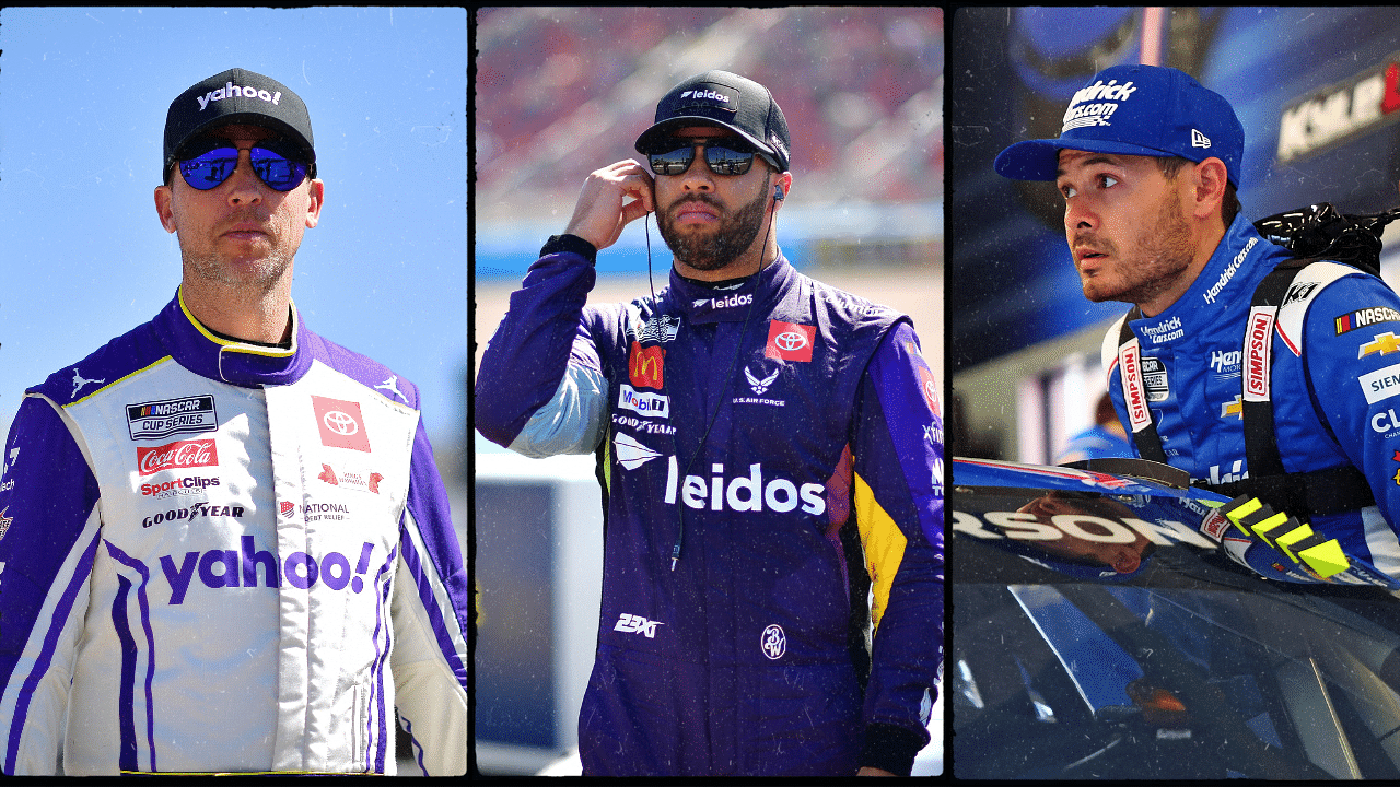 Denny Hamlin (L), Bubba Wallace (C) and Kyle Larson (R). Image Credits: Imagn.