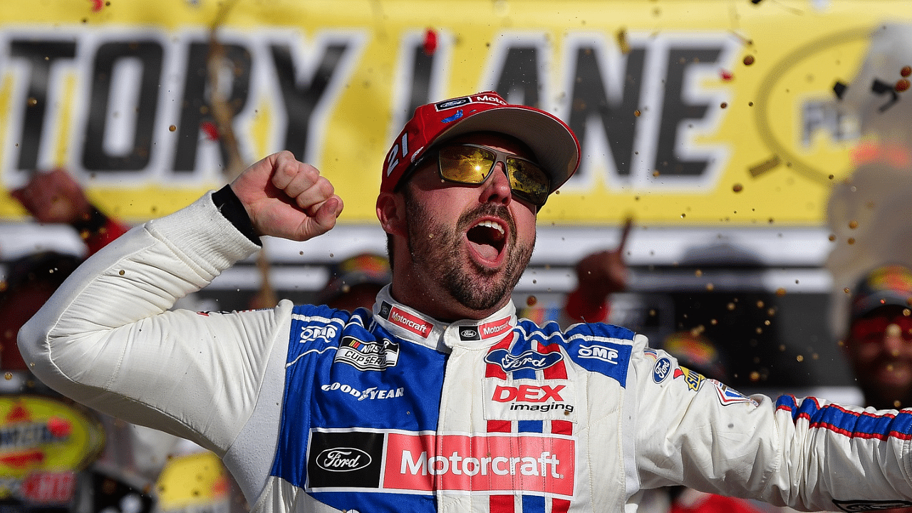 NASCAR Cup Series driver Josh Berry (21) celebrates his victory following the Pennzoil 400 at Las Vegas Motor Speedway.