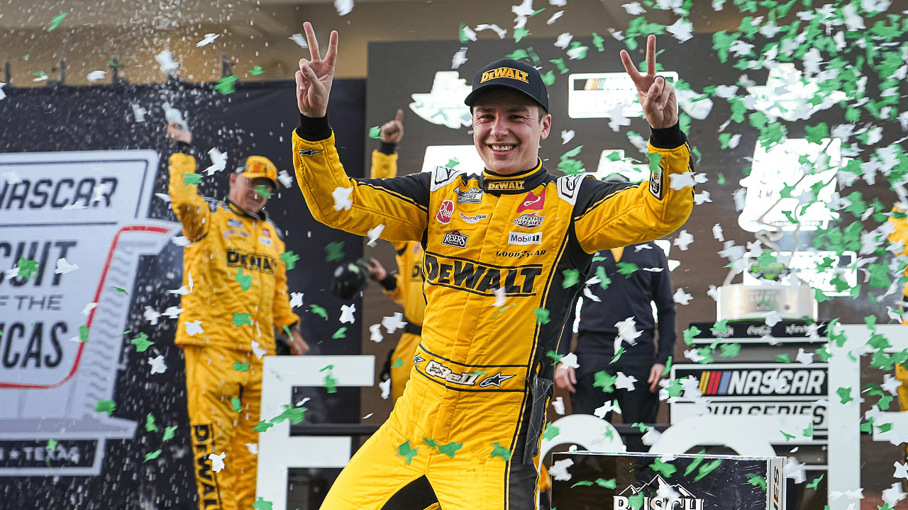 DEWALT Toyota driver Christopher Bell (20) celebrates winning the NASCAR Cup Series EchoPark Automotive Grand Prix at Circuit of the Americas on Sunday, March 2, 2025 in Austin.