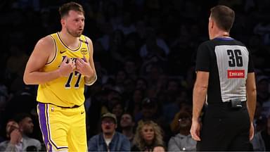 Los Angeles Lakers guard Luka Doncic (77) talks to NBA referee Brent Barnaky (36) during the second quarter against the Minnesota Timberwolves at Crypto.com Arena