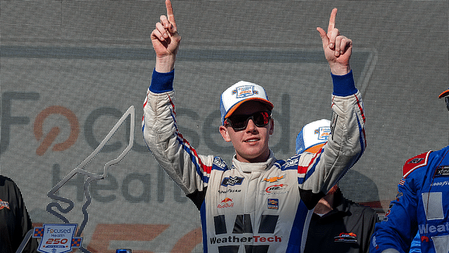 WeatherTech Chevrolet driver Connor Zilisch (88) celebrates winning the NASCAR Xfinity Series Focused Health 250 at Circuit of the Americas on Saturday, March 1, 2025 in Austin.