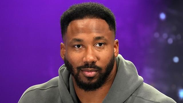 Cleveland Browns defensive end Myles Garrett on radio row at the Super Bowl LIX media center at the Ernest N. Morial Convention Center.