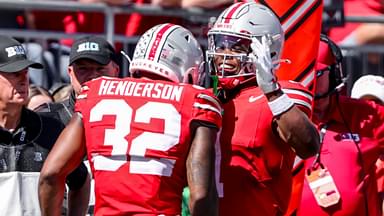 Ohio State Buckeyes running back TreVeyon Henderson (32) celebrates the touchdown with running back Quinshon Judkins (1) during the second quarter against the Marshall Thundering Herd at Ohio Stadium.