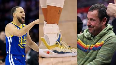 Stephen Curry(L), Under Armour Curry 11 'Championship mindset'(center), and Adam Sandler(R)