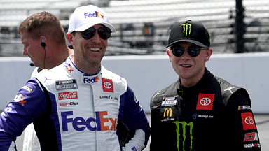 NASCAR Cup Series driver Denny Hamlin (11) and NASCAR Cup Series driver Ty Gibbs (45) talk Sunday, July 31, 2022, before the Verizon 200 at the Brickyard at Indianapolis Motor Speedway.