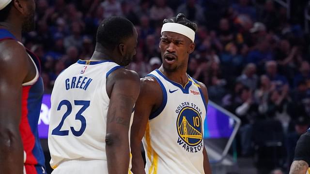 Golden State Warriors forward Jimmy Butler III (10) celebrates with forward Draymond Green (23) in the second quarter at Chase Center.